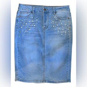 Satin Doll Pearl & Gem Embellished Denim Skirt – Medium